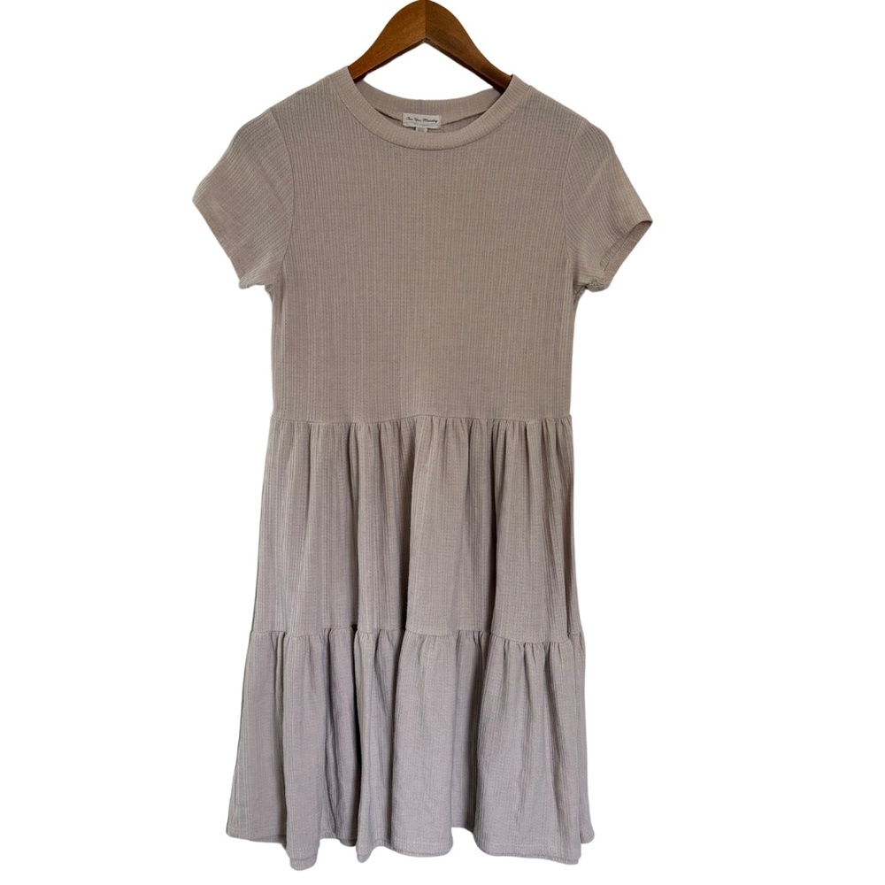 See You Monday Ribbed Short Sleeve Dress in Taupe L